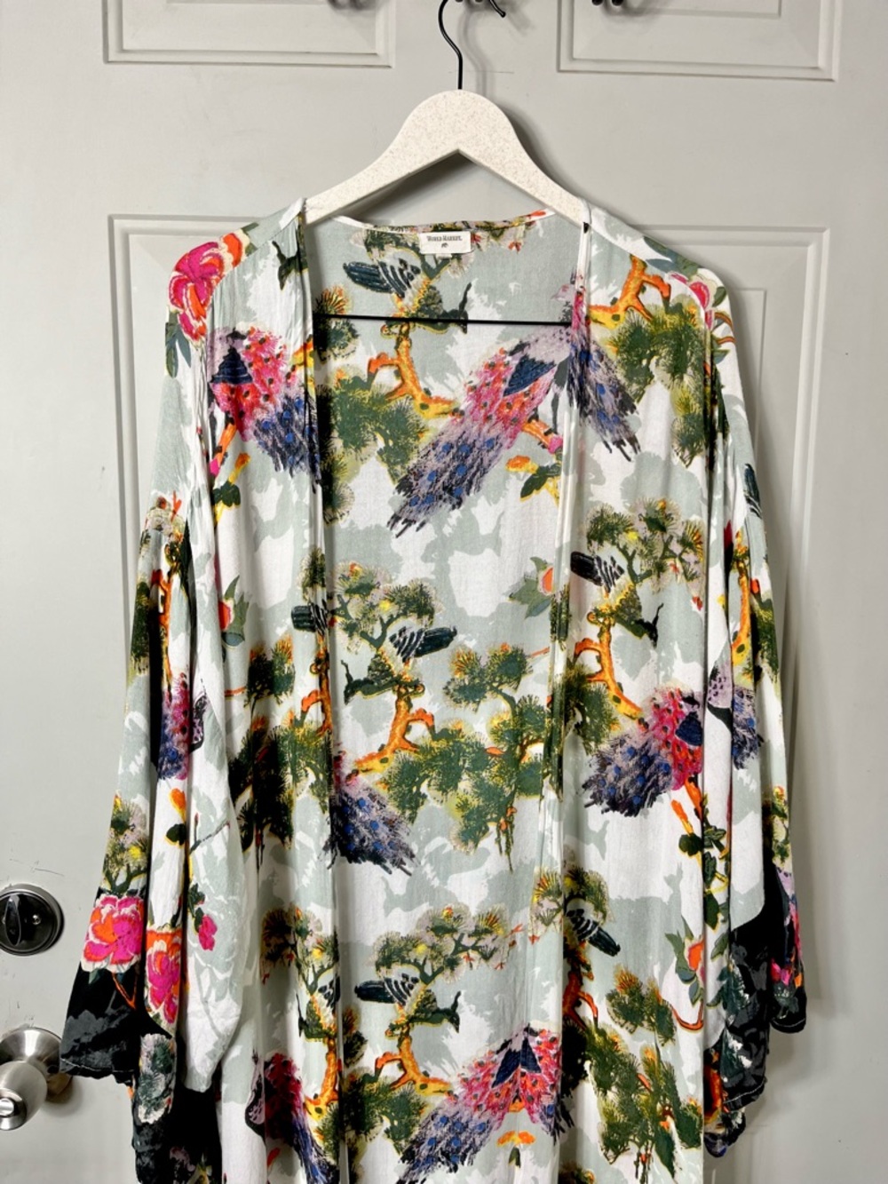 World Market Peacock Print Open Front Longline Kimono One Size - Picture 2 of 6